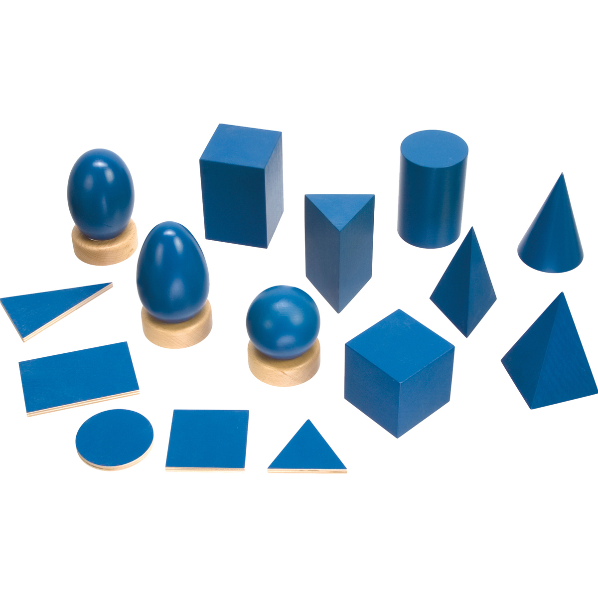 geometrische formen, blaue farben, holz, kugeln, würfel