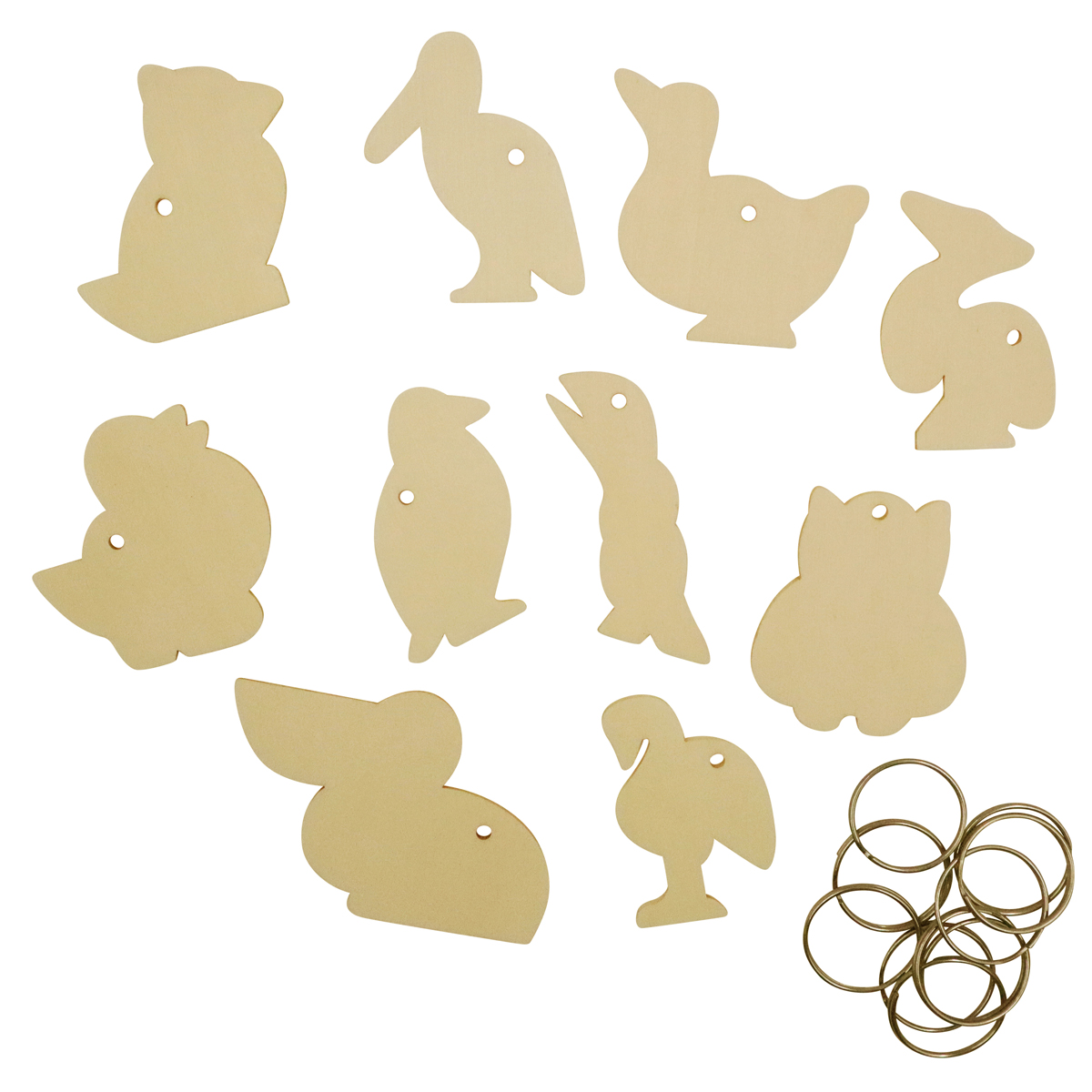 Holzanhänger, Tierformen, Kaninchen, Vögel, Ringe, Holzanhänger, Tierformen, Schnurösen, Kringel-Schlaufen, Eggersholz