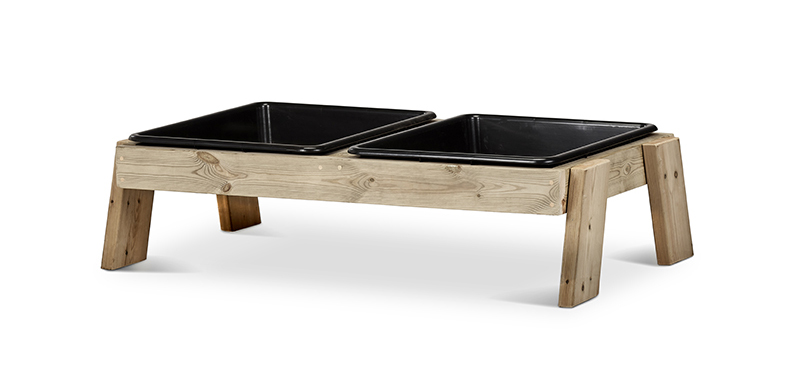 Holzständer, Zweier-Schale, Futterbar, Holzträger, trennbarer Napfeinsatz, Holzständer, Futtertrog, Doppelbehälter, Holzplatte, Metallbehälter