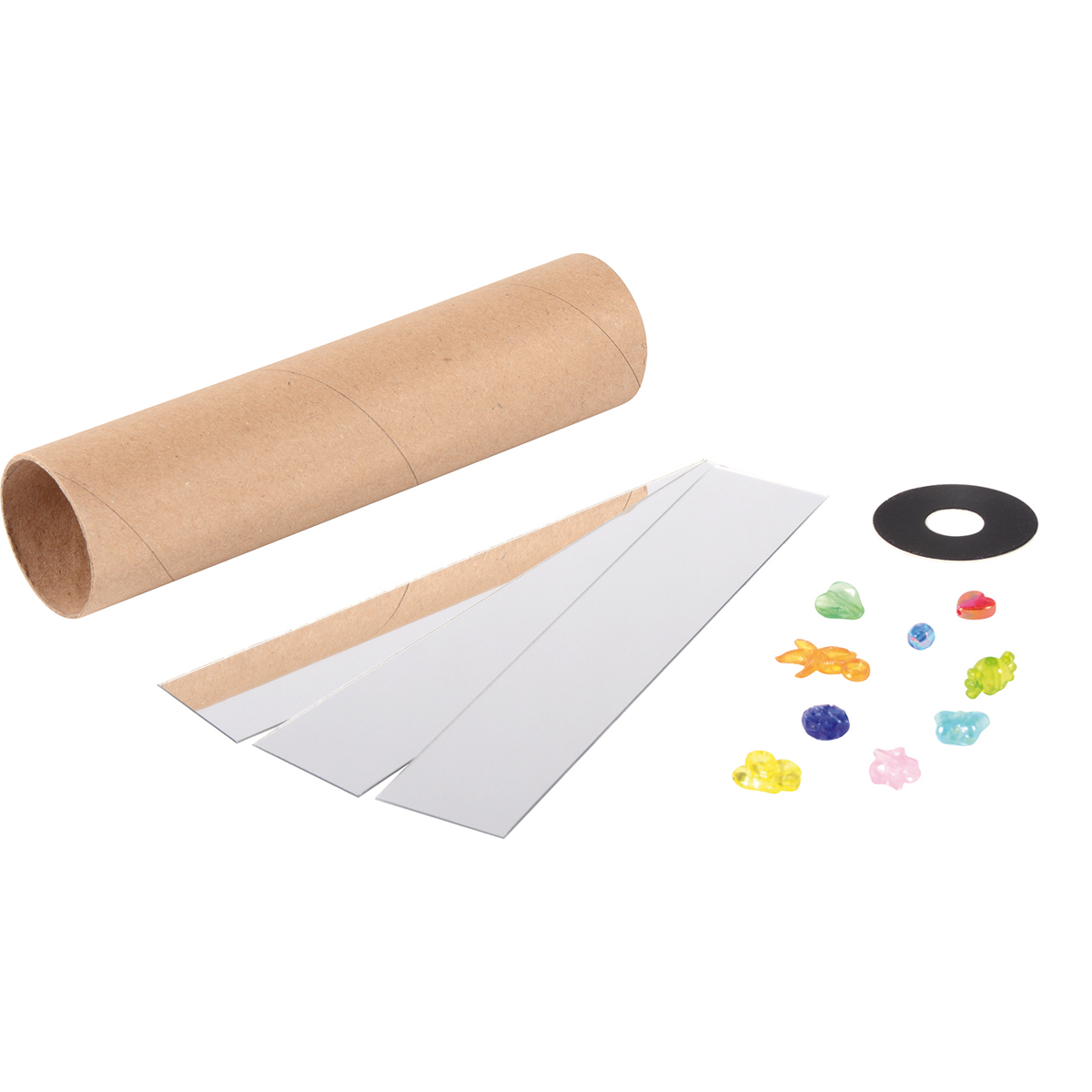 kartonrohr, papierstreifen, aufkleber?, glitzersteine?, klebematerial?