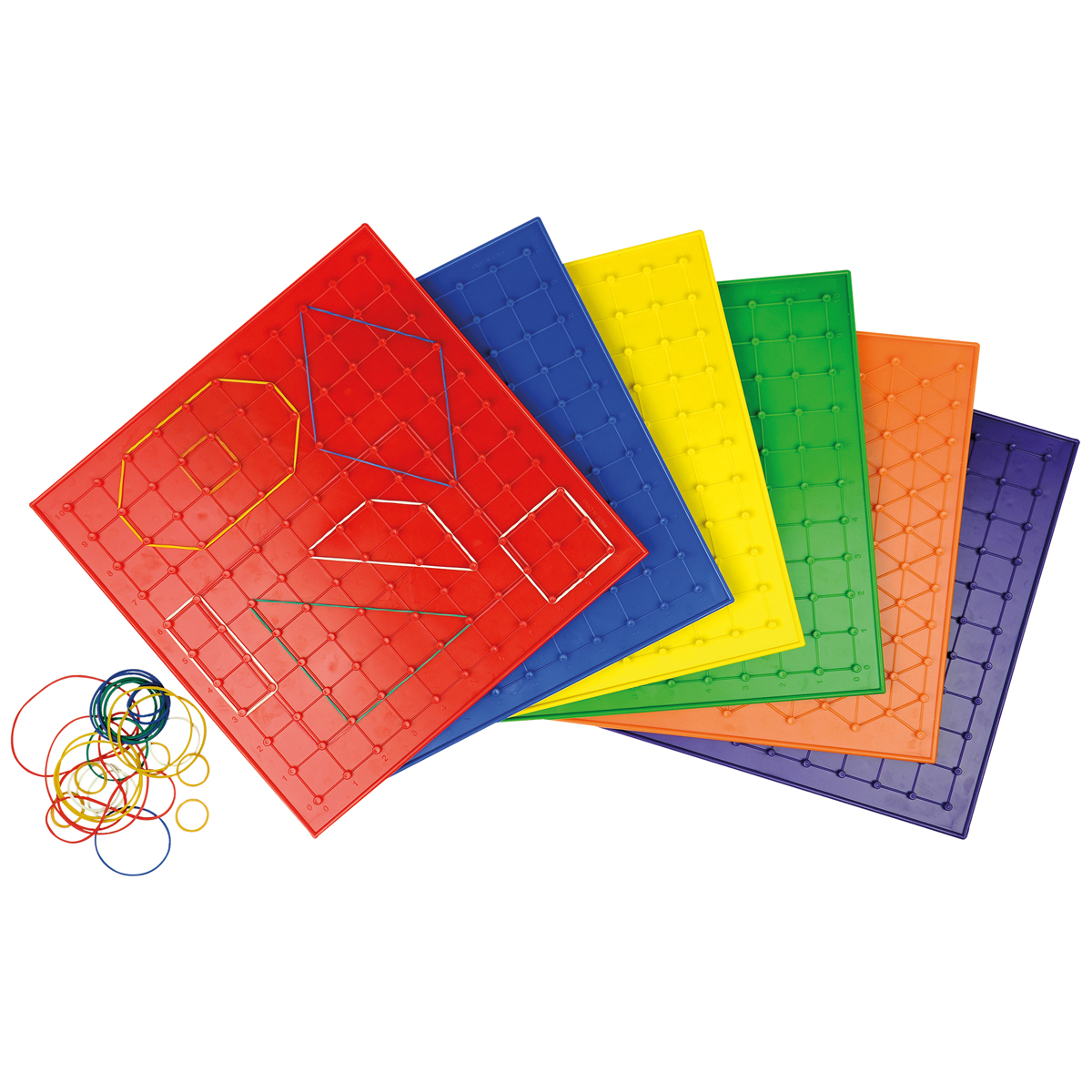 geoboard, geometrischeplatten, farbenpuzzle, farbige quadrate, kugelkante