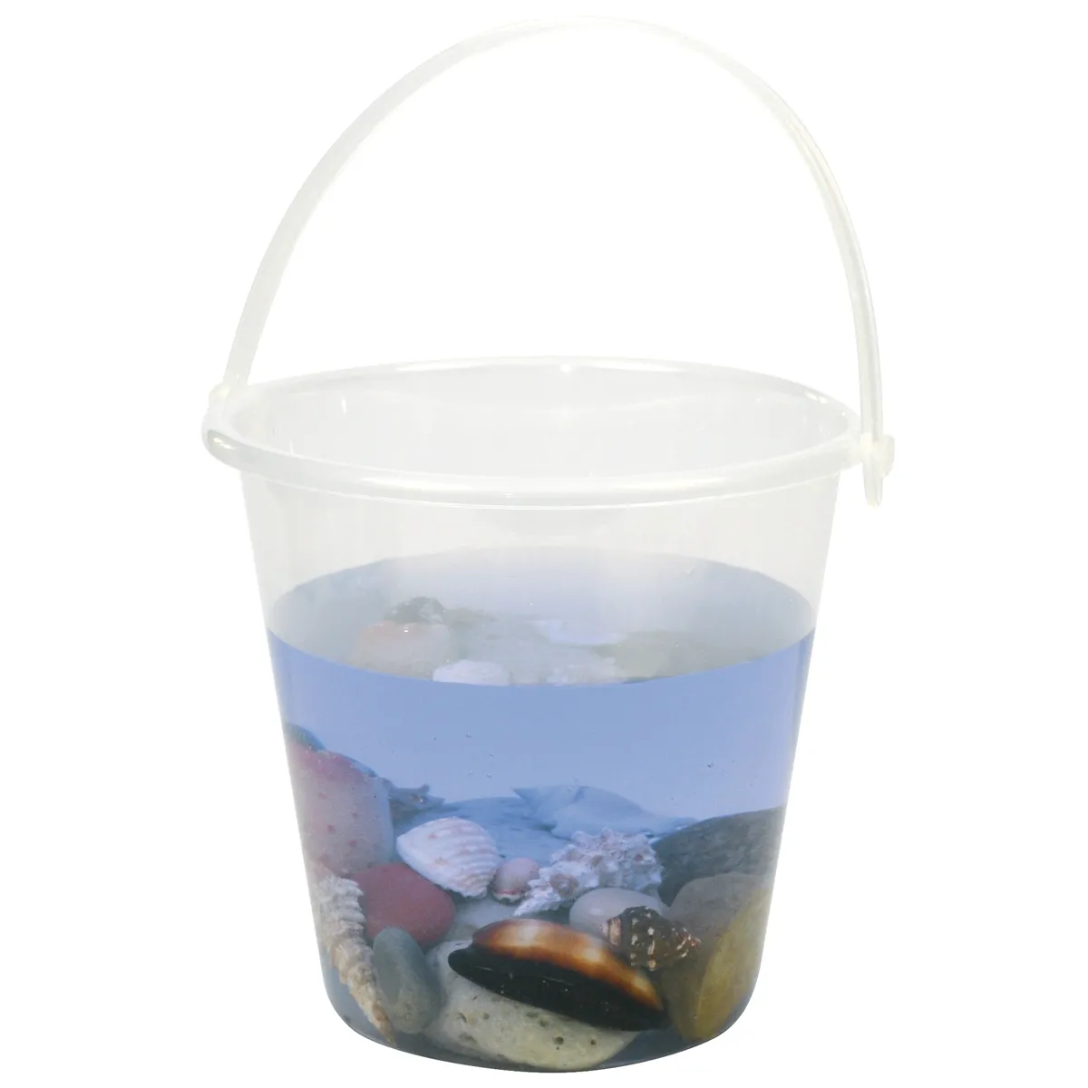 Strandkorb, Muscheln, Transparenz, Kunststoff, Griff, Eimer, Transparent, Bucket, Strandgut, Meerwasserhaushalt