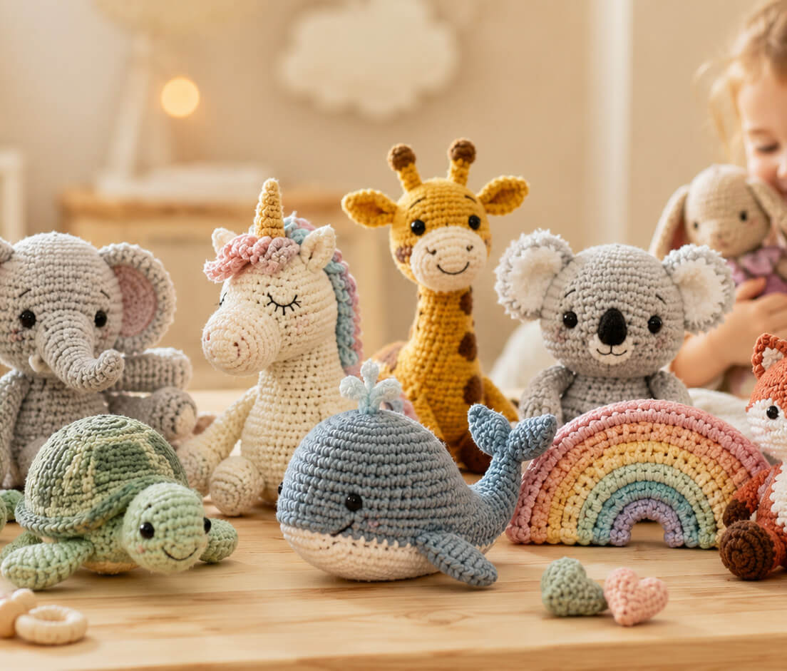 Strickspielzeug, Kuscheltier, Giraffe, Wal, Regenbogen