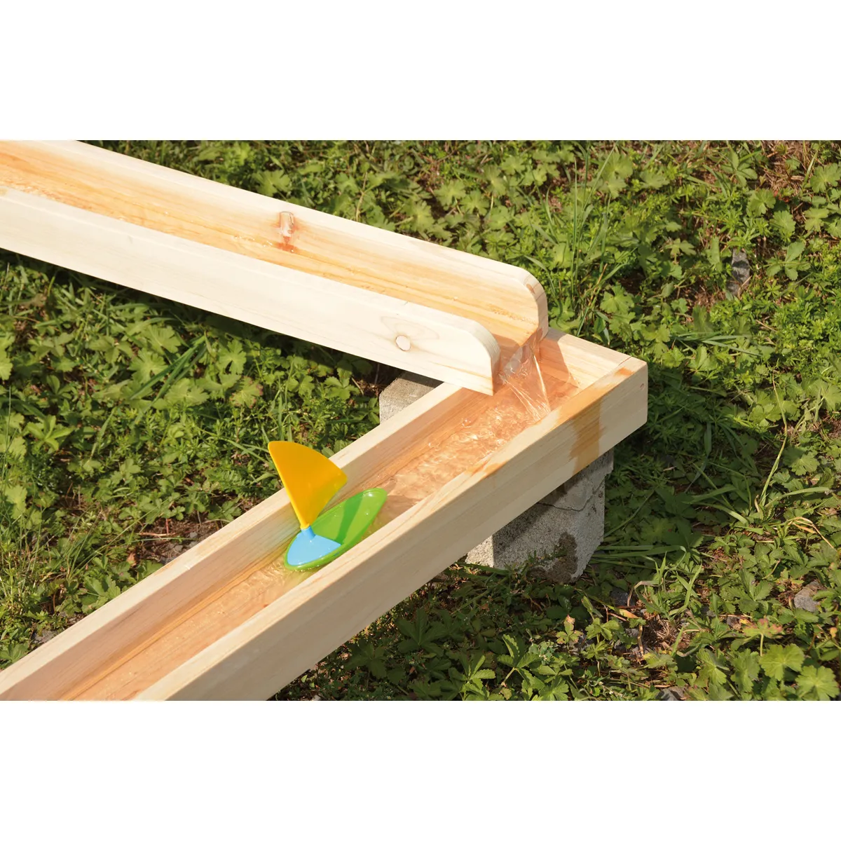Holzschiene, Wasserrinne, Garten, Paddelboot, Kinderspielzeug, Holzbahn, Wasserrinne, Spielzeugboot, Sortierboot, Bausatz