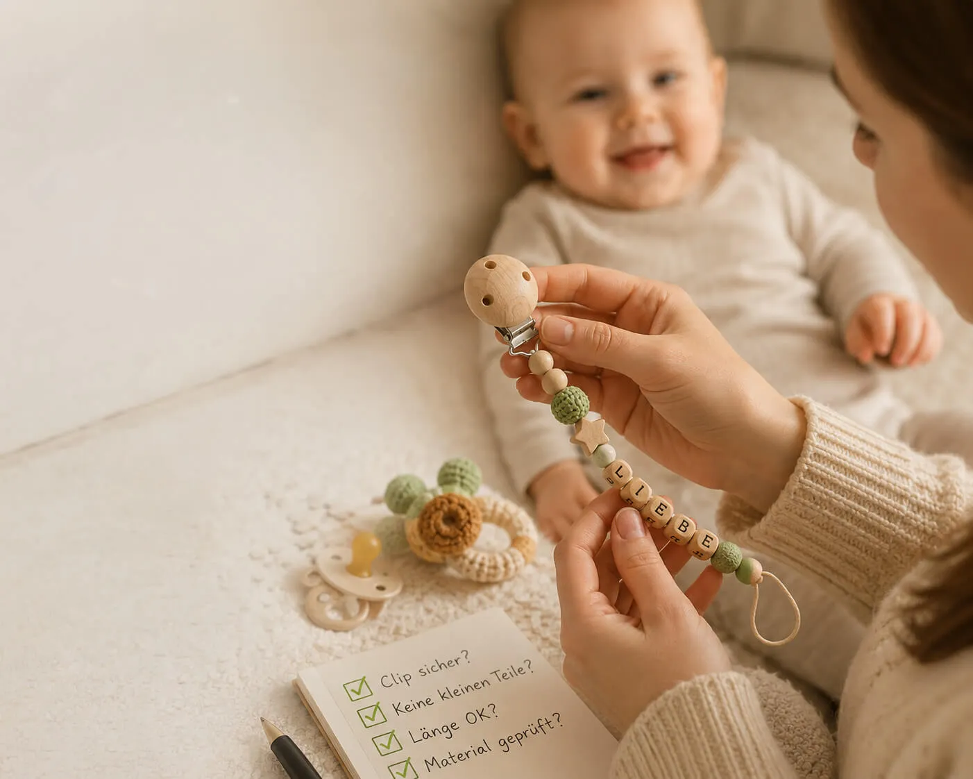 Baby-Teether, Holzperlen, Beaded Clip, Neutrale Farben, Baby-Geschenkaccessoire