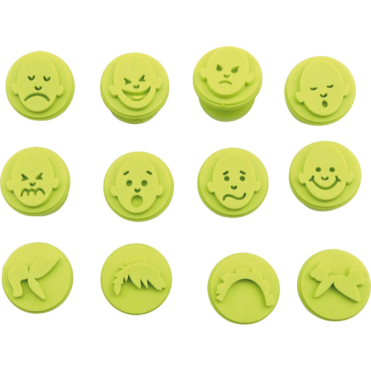 ausdrucke gestaltungsformen, gesicht ikon, runde form, silikonstempel, grün nachhaltigkeit