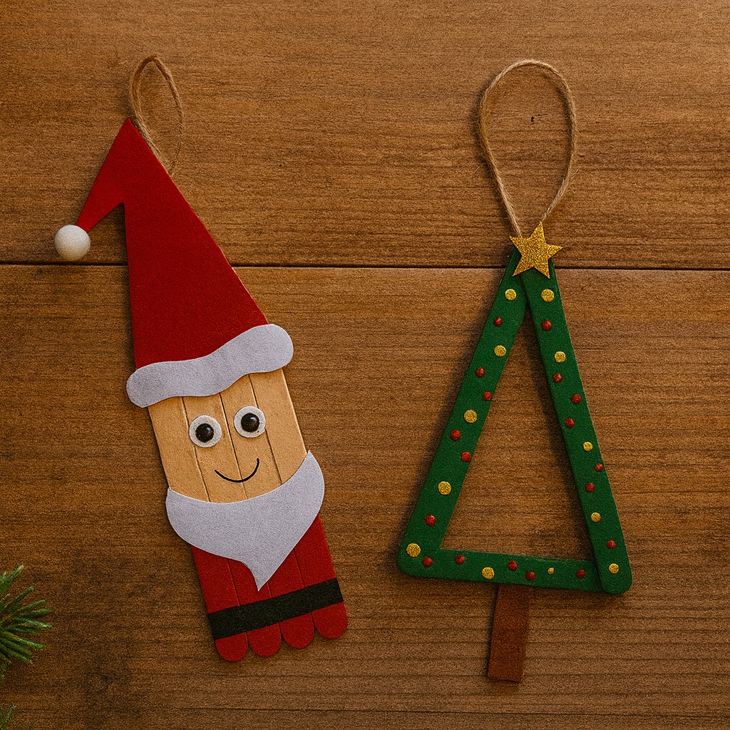 Basteln mit Holzstäbchen: Weihnachtsmann und Tanne Basteln mit Holzstäbchen: Weihnachtsmann und Tanne