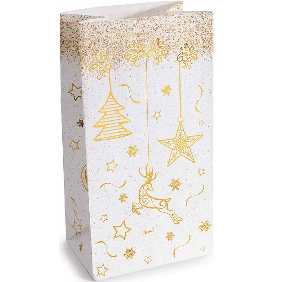 Weihnachtspapiertüte Gold mit Clip, Anhänger und Aufkleber Rentier 14 auf Lager