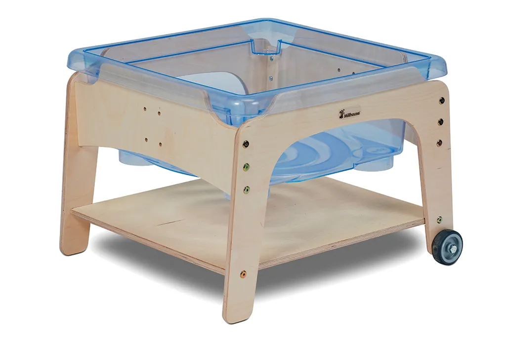 baby lounger, playpen, holzrahmen, Plastiktrog, Räderwagen, baby changing table, holzständer, durchsichtige blaue Wanne, Räder, Regal
