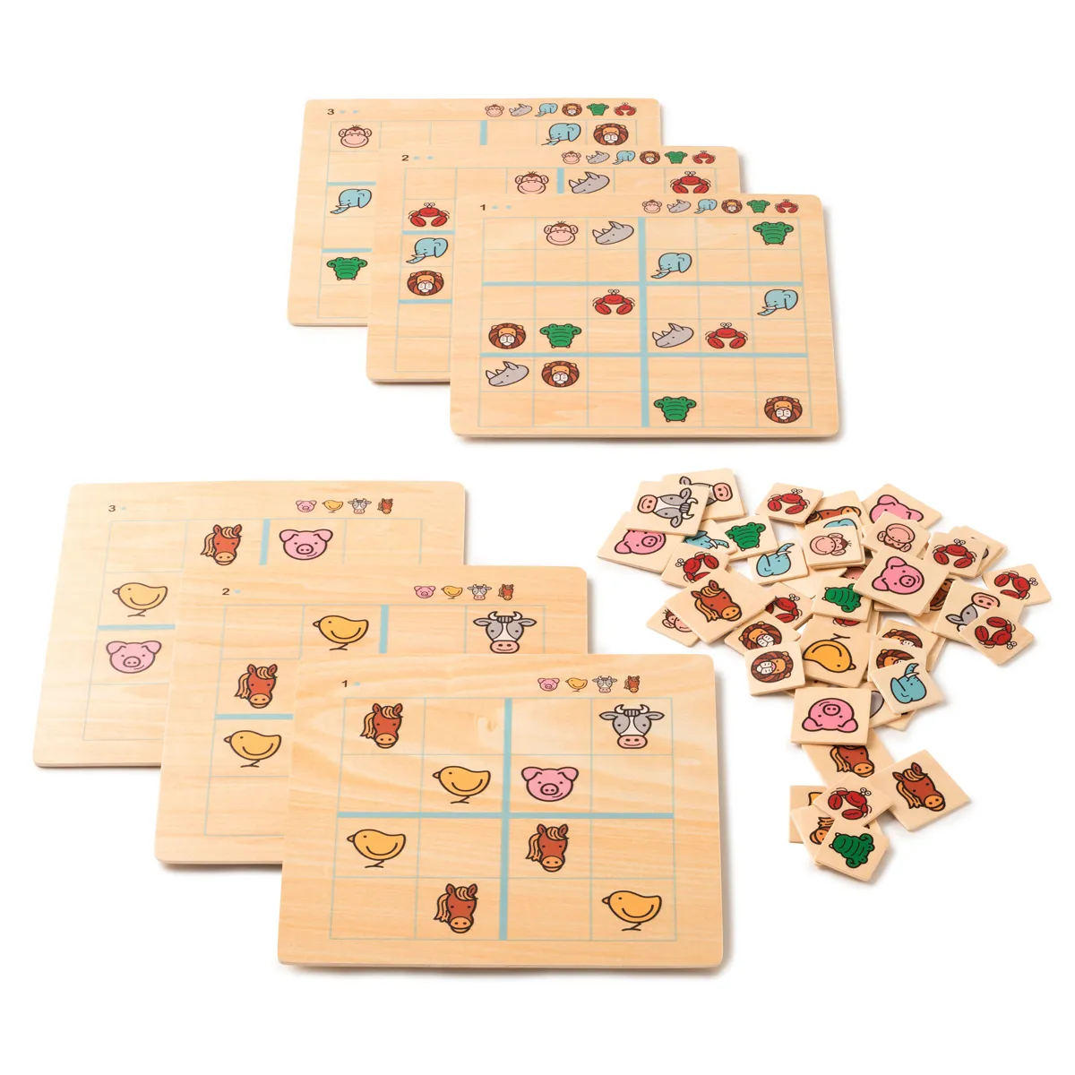 Holzbrett, Tierkarten, Gitterspiel, bunte Symbole, Mehrteiliges Set, holz, brettspiel, niedliche tiere, gitter, symbole