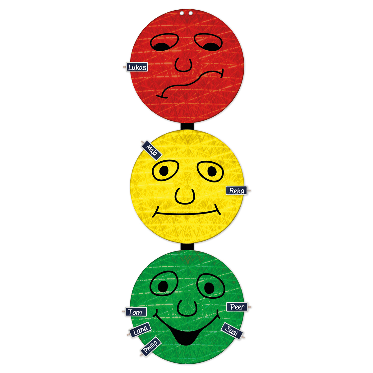 kinderspieltier, Gesichtsbälle, runde Figuren, Namensetiketten, farbige Bälle