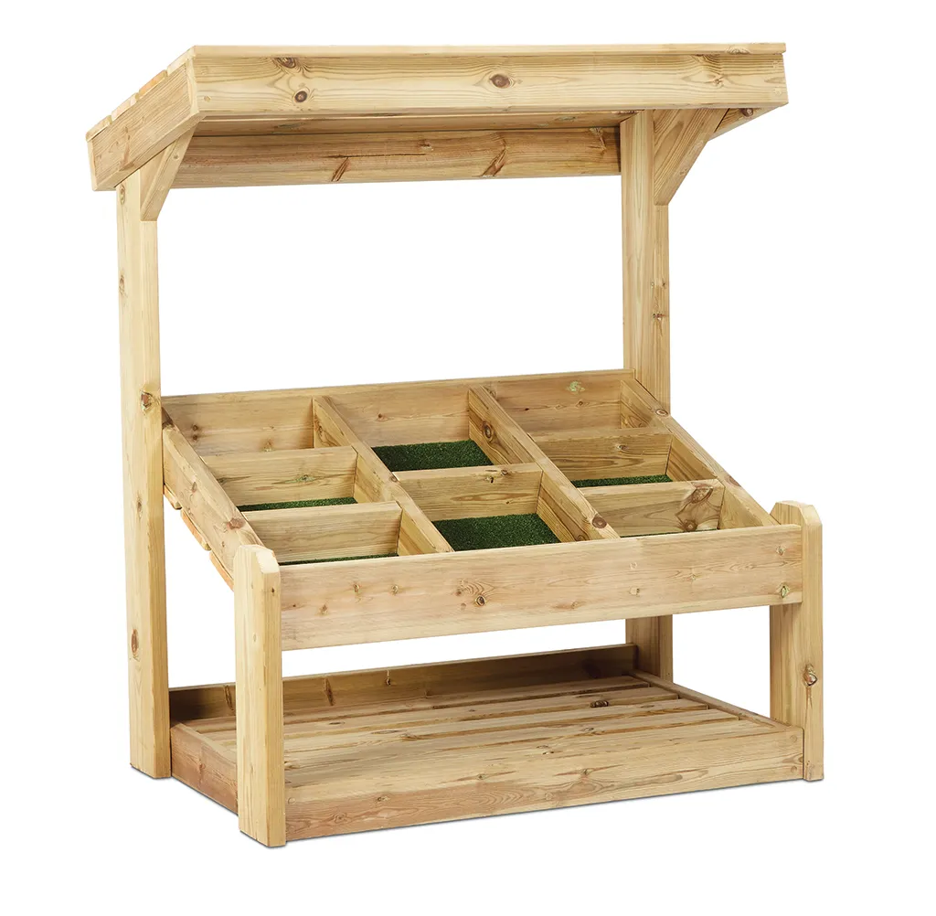 Holzbauernregal, Gartenwerkbank, Holzregal, Mehrfachfach-Aufbau, Unterlage mit Grasoptik, holzregal, gartenregal, pflanztisch, stufenregal, naturholz