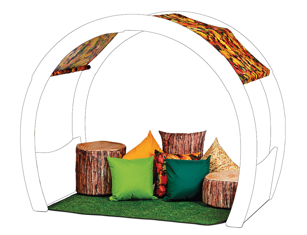 Outdoor seating, Kissen, Holzscheibe, Zelt-/Baldachin-Design, Dekoration, outdoor seating, cushions, log stool, patterned canopy, carpet grass