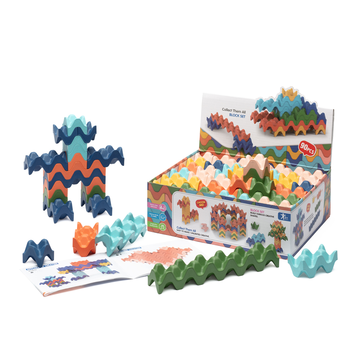 Wackelbausteine, Bausteine-Set, Kunststoffbausteine, Mehrfarbig, Würfelbausteine, Puzzle pieces, Puzzleteile, Stapeltile, Verklinkende Plättchen, Bunte Zickzack-Formen