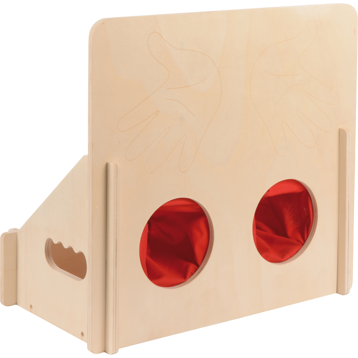 Holzspielzeug, Kletterelement, Röhrenöffnung, Hände Zeichnung, Rottes Innenfutter