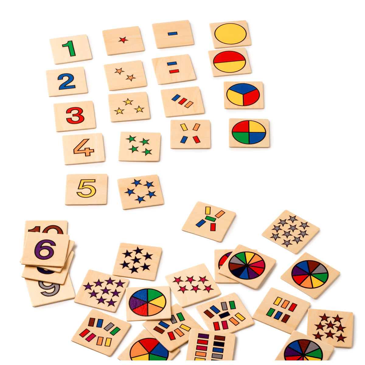 holzspielzeug, zahlen, würfel, bausteine, puzzle, Holzplättchen, Zahlen, Sterne, Farbkreis, Punkte