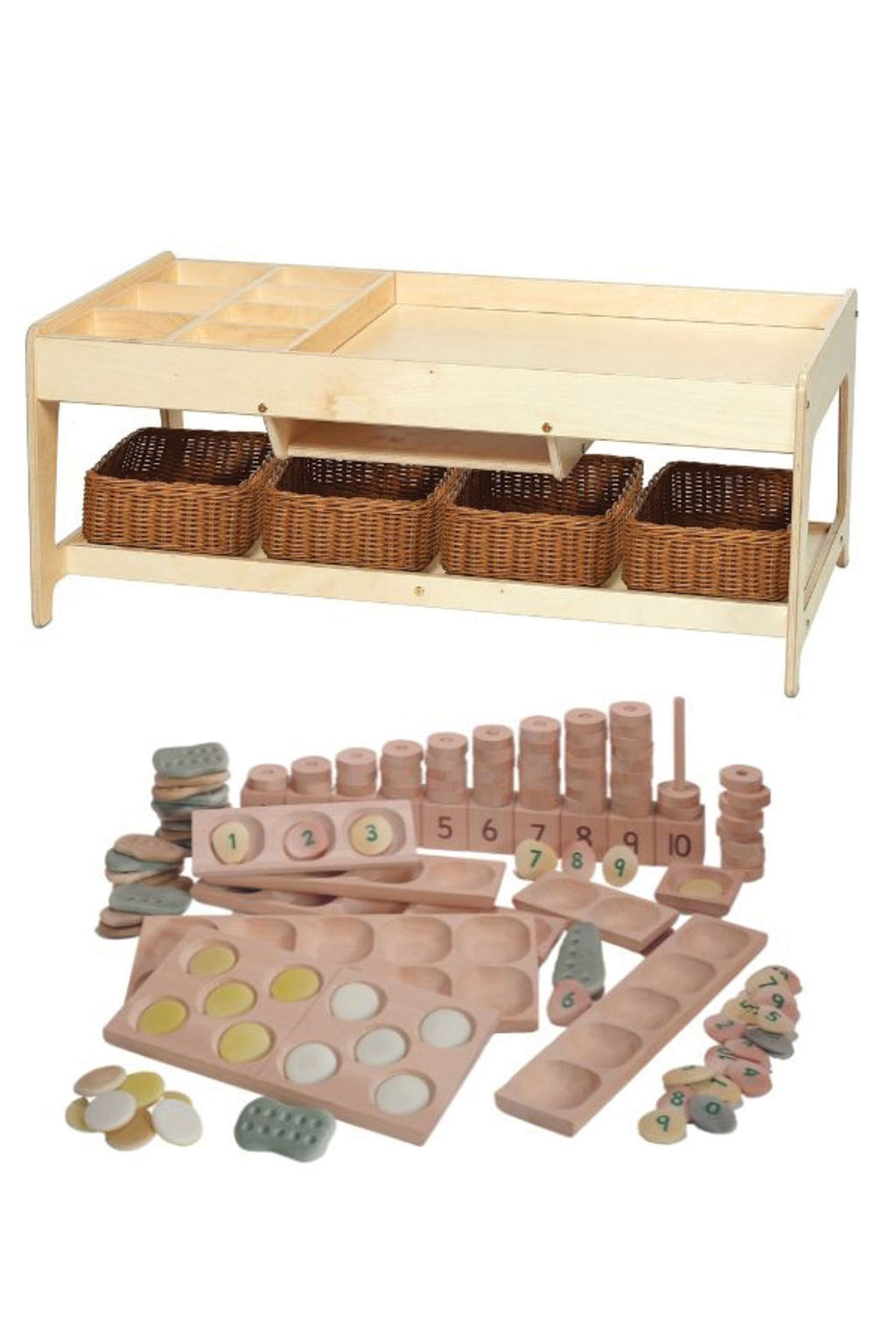 Holzspielzeug, Lauflernspiele, Kaufladen, Sortierkästen, Brio?, Holzwerkbank, Spielzeug-Werkbank, Holzspielzeug, bunte Kleinteile, Aufbewahrungskorb/Korbset