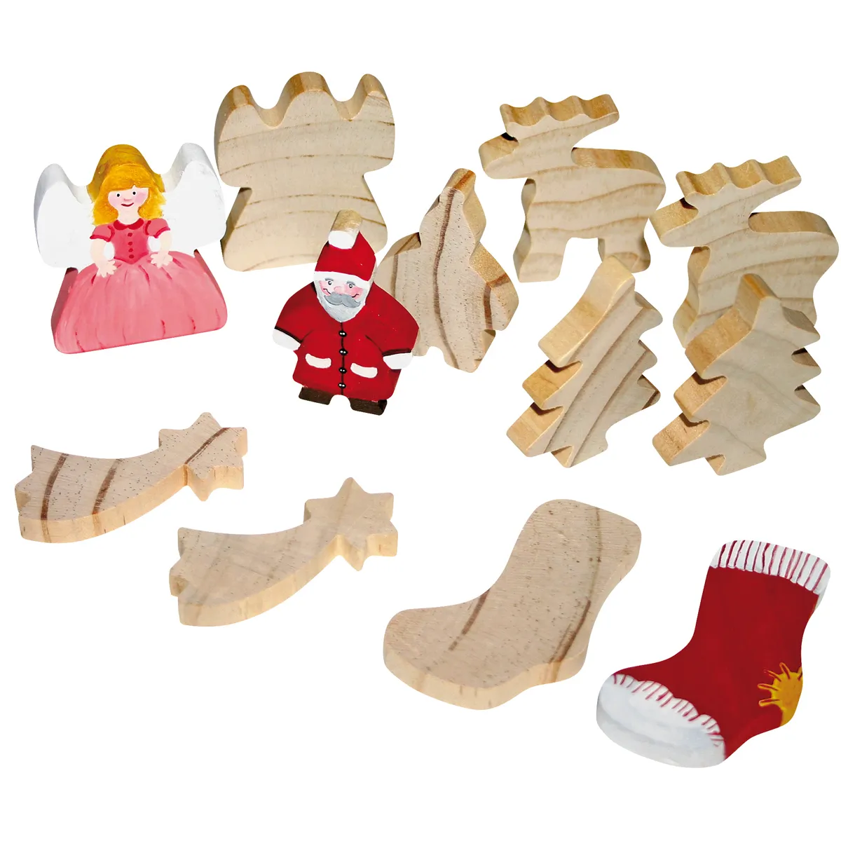 Holzschnittfigürchen, Weihnachtsbaumschmuck, Engel, Santa Claus, Holzanhänger, Holzspielzeug, Weihnachtsdeko, Puzzleshow, Holzfiguren, Sockenfigur