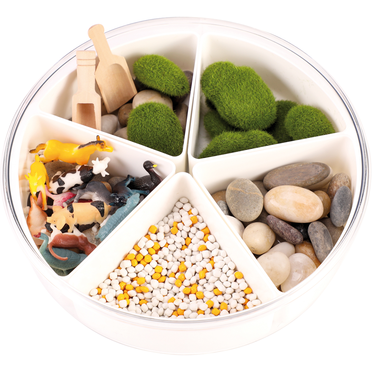 Deko-Steine, Kiesel, Moos, Mini-Figuren, Keks- bzw. Streu-Tierchen