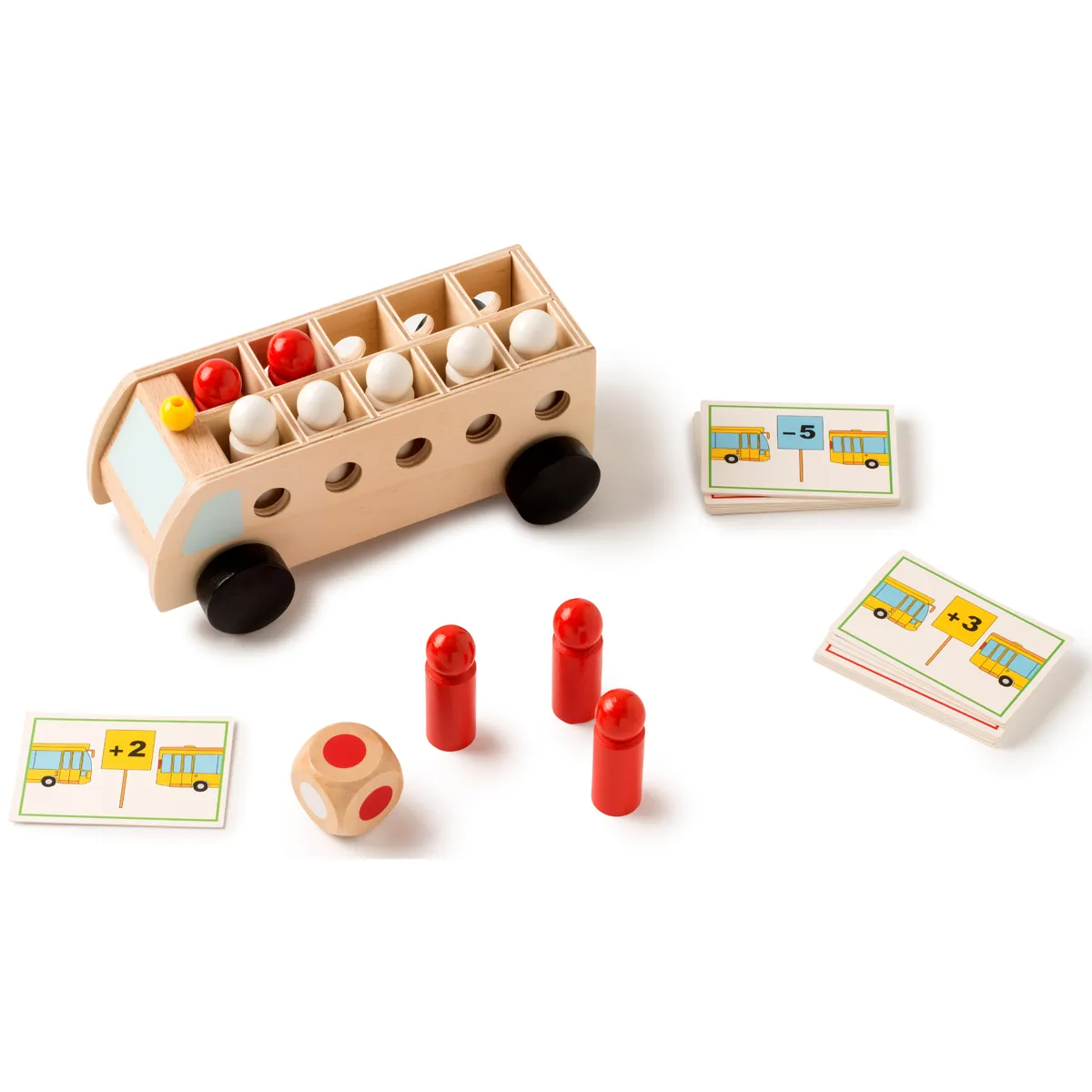 Holzbus, Schulbus-Spiel, Würfel, Pokerwürfel, Bildkarten, Holzbus, Bildungsspiel, Würfel, rote Stifte, Karten Spiel