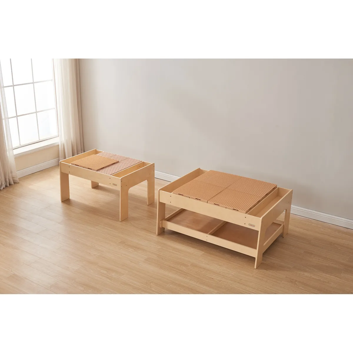 Holzbett, Kinderbett, Lattenrost, Holzfarbe hellbeige, niedrige Bauweise, Kinderbett, Bettenrahmen, Holz, Laminate?, Grifflose?