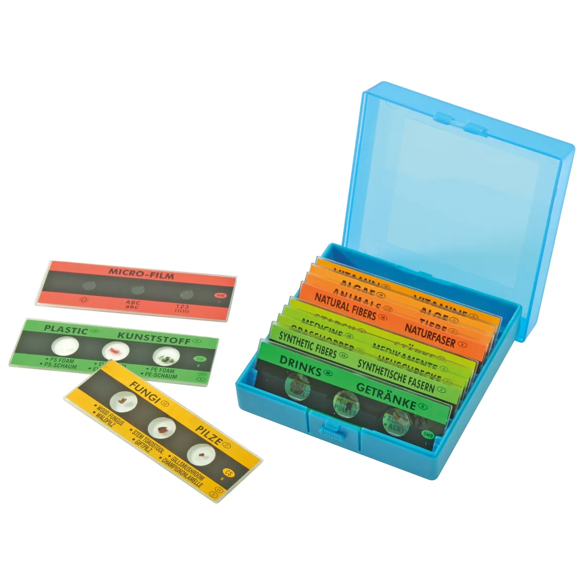 Mikrofilm, Plastikgehäuse, bunte Etiketten, Folien, Aufbewahrungsbox, Kassette, Laboretiketten, Minikassetten, Farbliche Kategorien, Aufbewahrungsbox