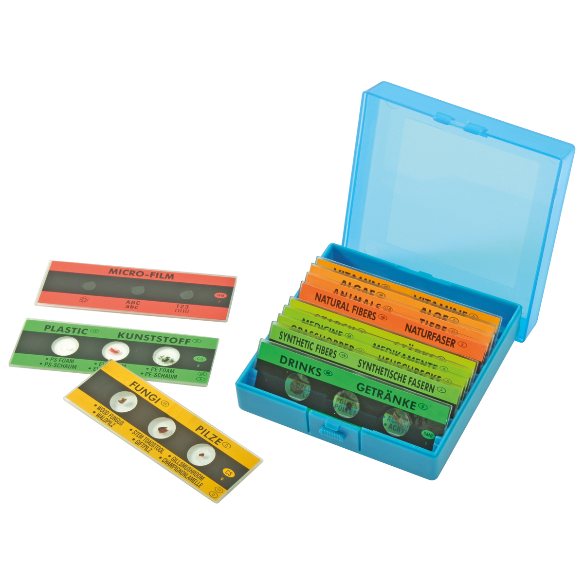 Mikrofilm, Plastikgehäuse, bunte Etiketten, Folien, Aufbewahrungsbox, Kassette, Laboretiketten, Minikassetten, Farbliche Kategorien, Aufbewahrungsbox