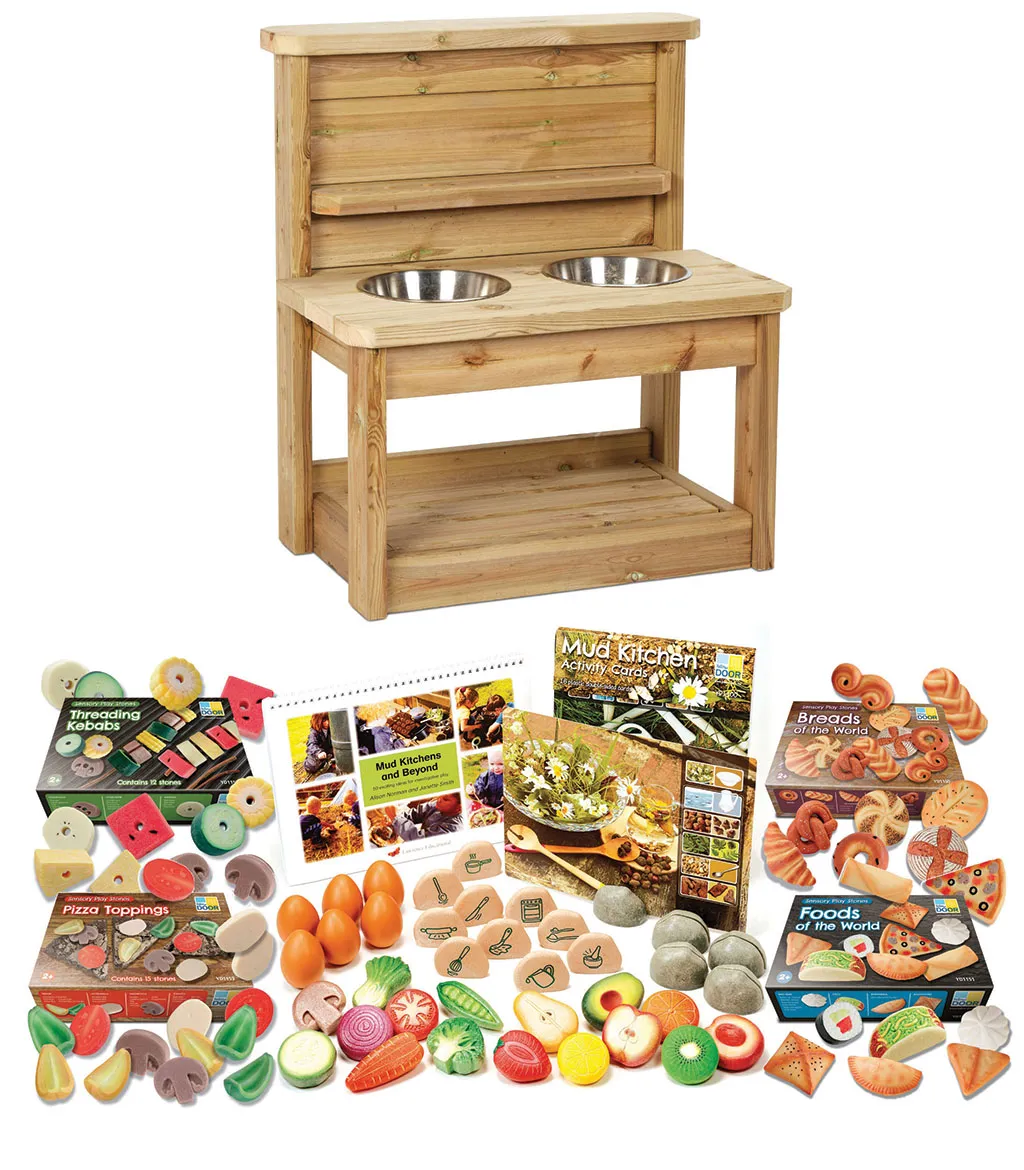 Holz-Spielküche, Kinderküche, Spieltisch, Holz, Küchenspielzeug, Holzwerkbank, Küche, Doppeltopf-Ständer, Küchenzubehör, Spielzeugset