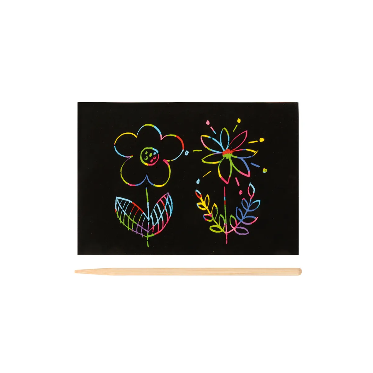 Schwarzes Tafelbild, Kreidezeichnung, Blumenmotiv, Holzstöckchen, Kinderspielzeug, Schwarzes Tafeltuch, Kreidezeichnung, bunte Blumen, Kunstwerk auf Schiefer, Malstift-Holzstab