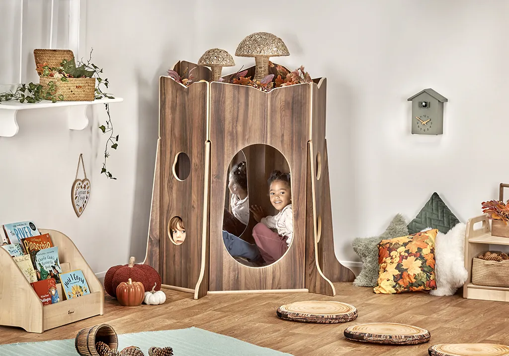 Spielhaus, Kinder Möbiliar, Holzstruktur, Baumstumpf-Hocker, Spielbereich-Dekor, Spielhaus, Kinder, Holz, Pilz-Spielhaus, Innenbereich-Spiel