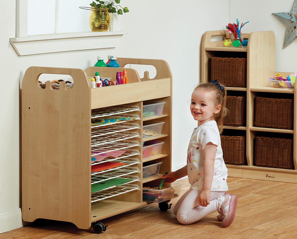 Kreativtisch, Aufbewahrungskasten, Kunststofffach, Kunstwerkzeug, Puppenwagen, Kreativwagen, Kinderwerkbank, Spielzeugregal, Kunststoffbehälter, Küche Spielzeug