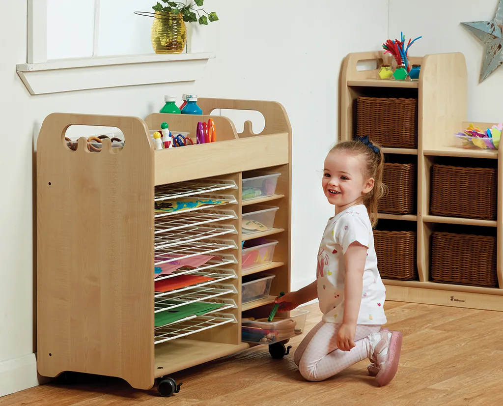 Kreativtisch, Aufbewahrungskasten, Kunststofffach, Kunstwerkzeug, Puppenwagen, Kreativwagen, Kinderwerkbank, Spielzeugregal, Kunststoffbehälter, Küche Spielzeug