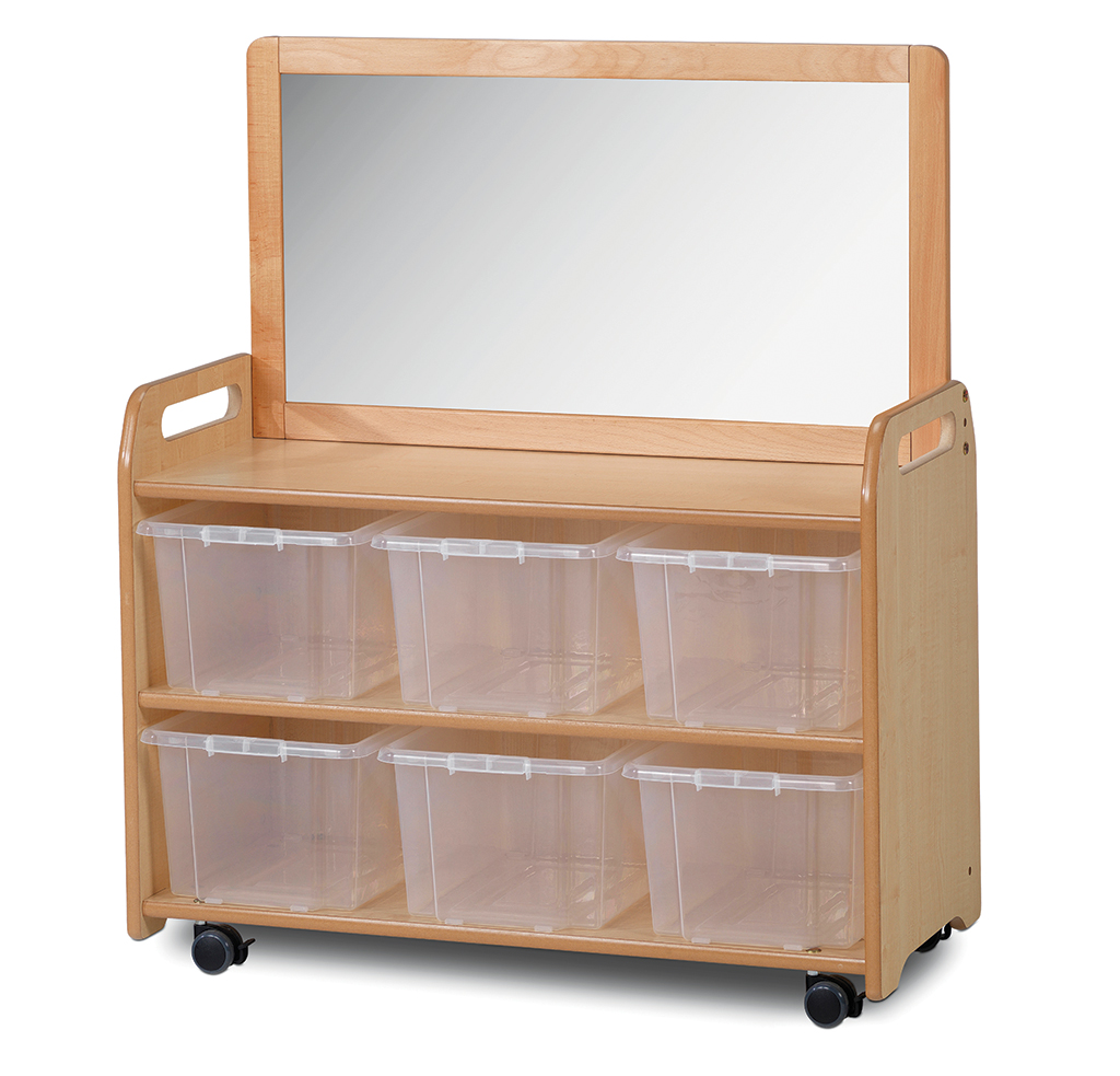 Holz-Werkbank, Regal mit Schubladen, Rollcontainer, Spiegel, Transparente Boxen, Holzregal, Spiegel, Rollende Aufbewahrung, Transparente Boxen, Mobiles Regal-System