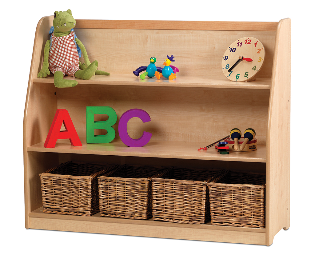 Kinderregal, Holzregal, ABC Buchstaben, Spielzeugfiguren, Aufbewahrungskörbe, Kinderregal, Spielzeugregal, ABC Holzbuchstaben, Wicker Körbe, Uhr