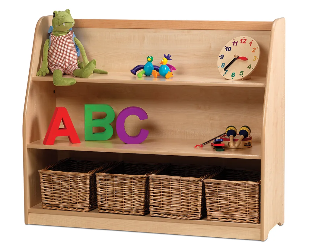Kinderregal, Holzregal, ABC Buchstaben, Spielzeugfiguren, Aufbewahrungskörbe, Kinderregal, Spielzeugregal, ABC Holzbuchstaben, Wicker Körbe, Uhr, Kinderregal, Spielzeugregal, ABC Buchstaben, Wandregal, Korb_TRagetaschen