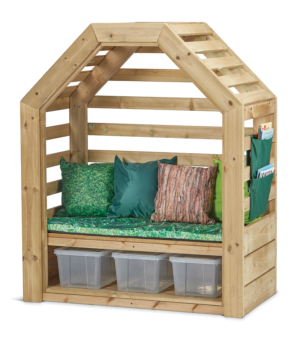 Holz Spielhaus, Kissenbank, Aufbewahrungsschubladen, Pultbettrahmen, Kletter-/Laufstegstruktur, Holz Spielhaus, Kojenbank, Aufbewahrungsschale, Kissen, Bench mit Dach