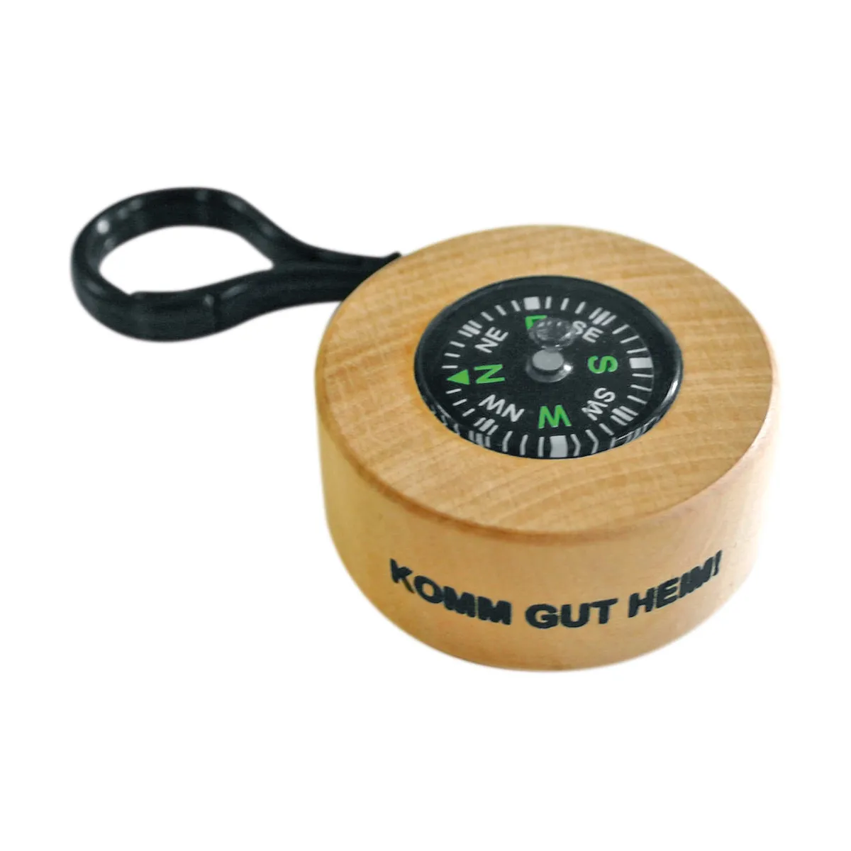 kompass, holz, schlüsselanhänger, miniatur, rund, Kompass, Holzkörper, klingemilder, Schwarz-Grün, Wandertool