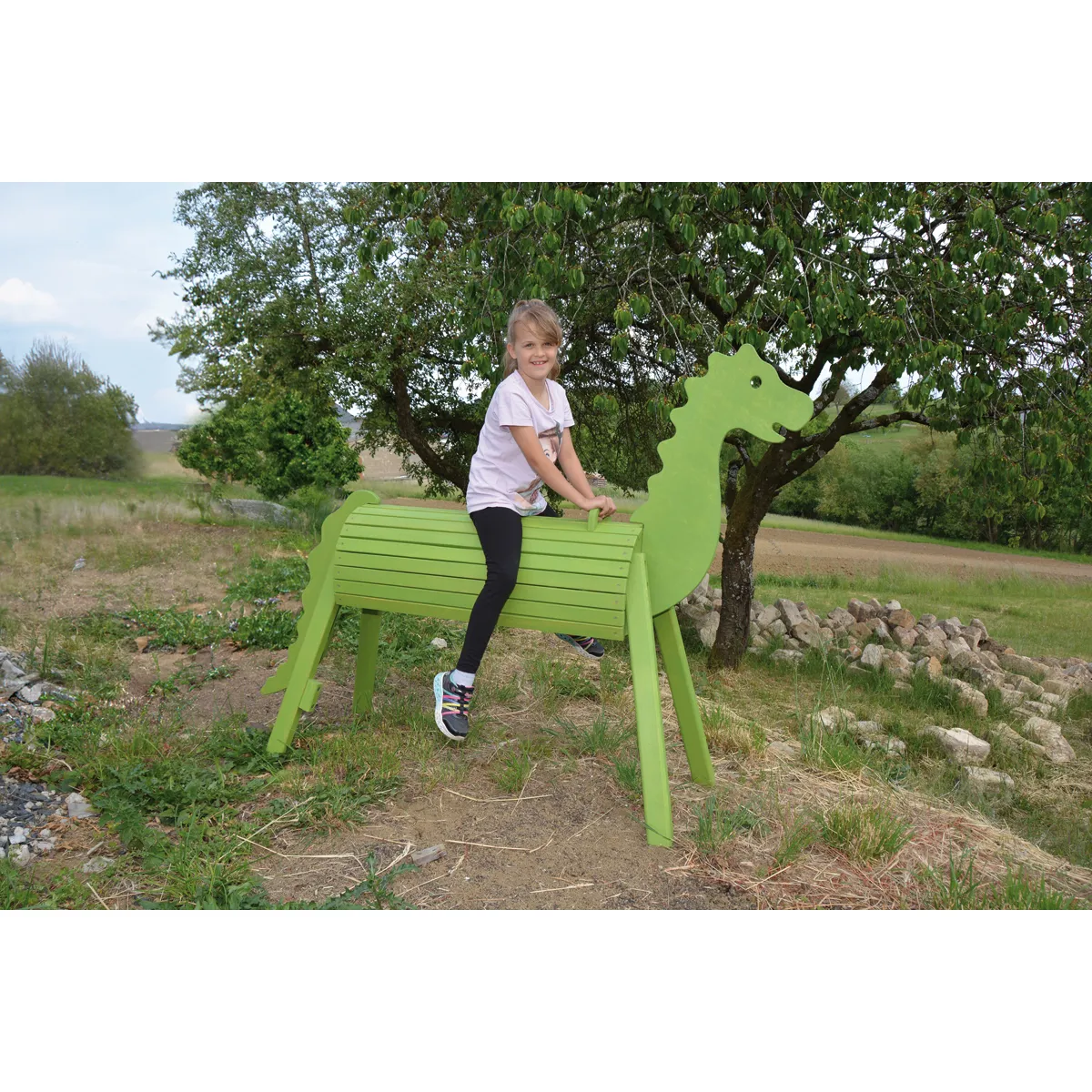 Kinder-Spielgerät, Sitzbank, Grüne Farbe, Tierform, Außenbereich, Kinder, Spielgerätdrache, Holzpferd, Sitzbank, grün