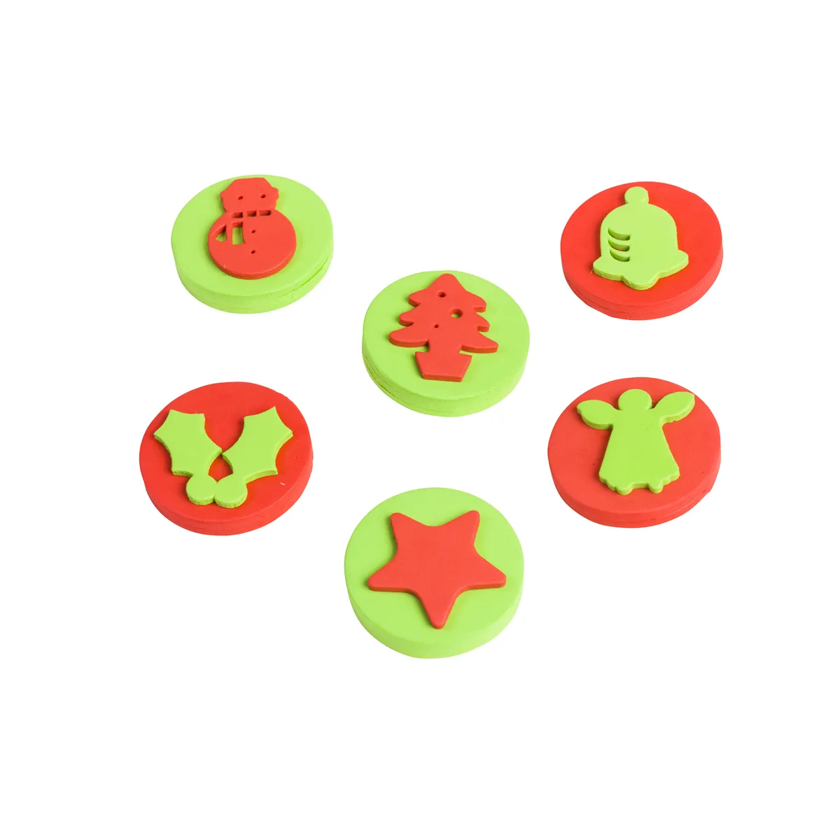 foam stamps, Holiday shapes, grüne Basis, rote Formen, Tannenbaum Stern Engel Mistel, Holzknöpfe, Weihnachtsmotiv, Rot-Grün, Sterne, Engel