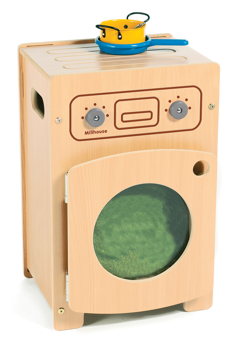 Holzküche, Küchenspiel, Ofen, Pfanne, Grüne Spüle, Holzspielzeug, Küchenhobel, Metallknöpfe, Waschmaschine, Grüner Filz