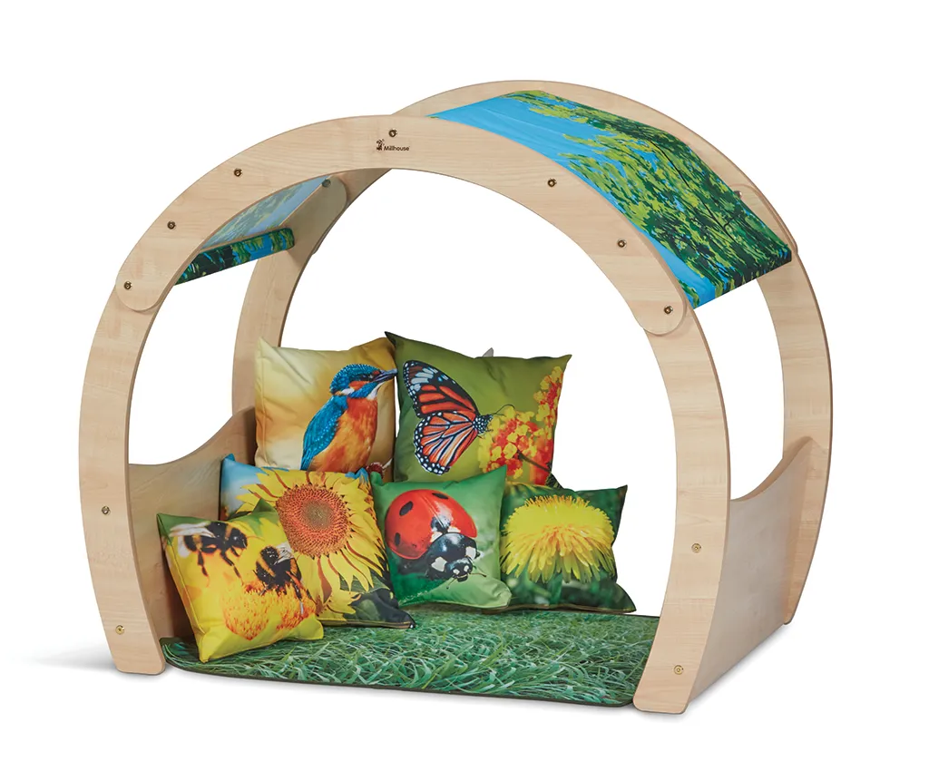 Kinderliege, Rattanstuhl, Kuschelbett, Rundstuhl, Kissen, Kinder-Sessel, Kuschelsitz, Holzkonstruktion, Kissenbezüge, Grün-Blau Muster