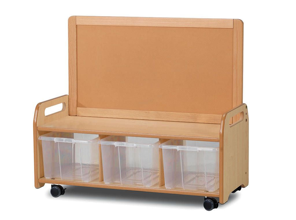 Hortmöbel, Aufbewahrungswagen, Holzschreibtisch, drei Behälter, mit Rollen, Kinderbank, Spielbank, Aufbewahrungsbank, Rollwagen, Aufbewahrungskiste