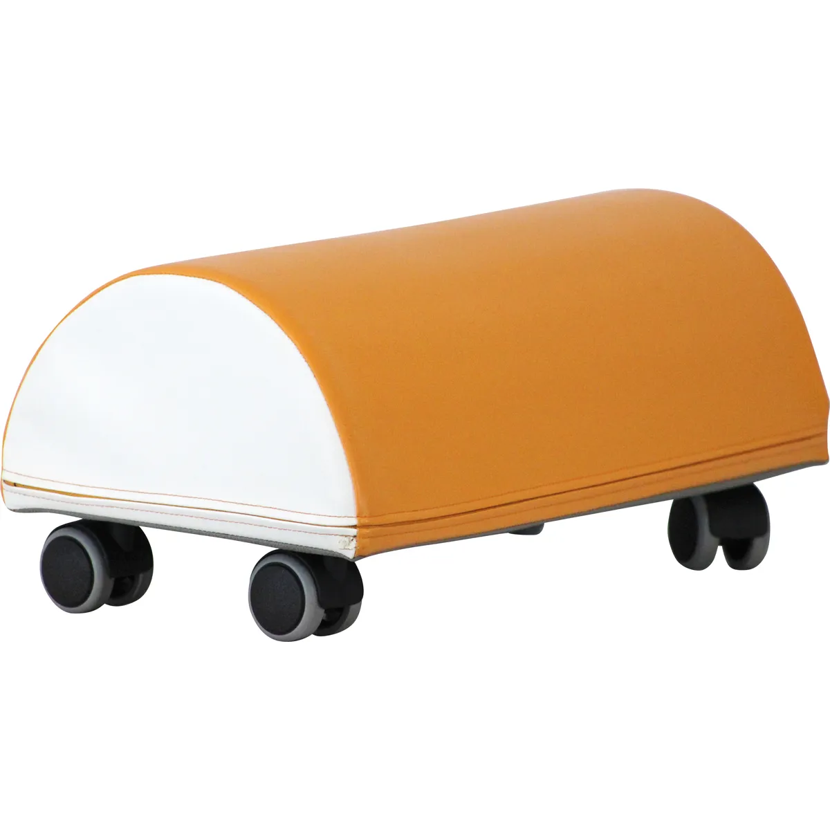 Kinderbahn, Laufband, Wagen, Rollbahnhut, Gehhilfesystem, gepolstertes Abdeckblech, orange Bezugsstoff, gekrümmter Deckel, Rollerrollen, Reisezubehörspur