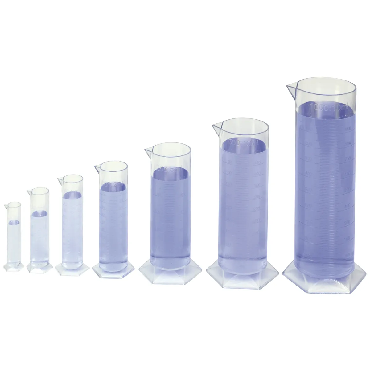 graduated_cylinder, measuring_cylinder, liquid_volume, transparent_plastic, lab_gear, Messzylinder, Graduated cylinder, transparenter Kunststoff, blaues Fluid, Volumenmarkierungen