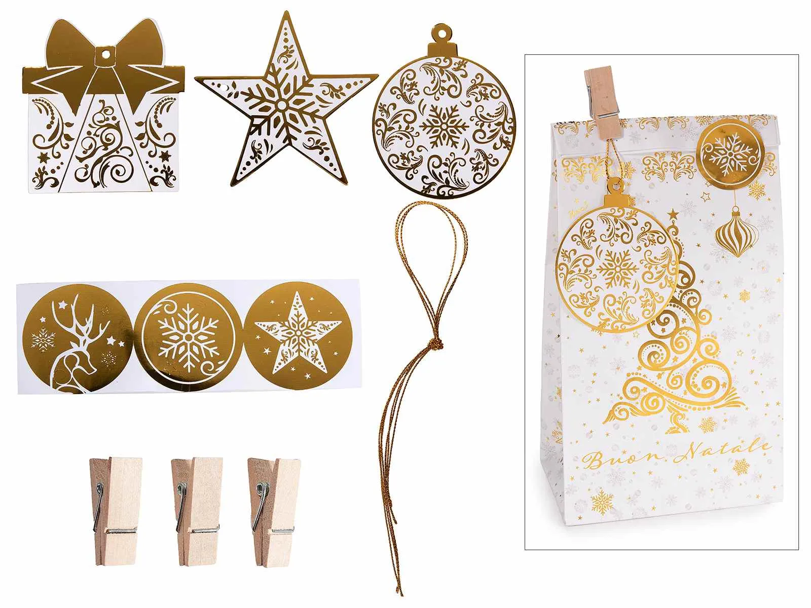 Weihnachtspapiertüte Gold mit Clip, Anhänger und Aufkleber