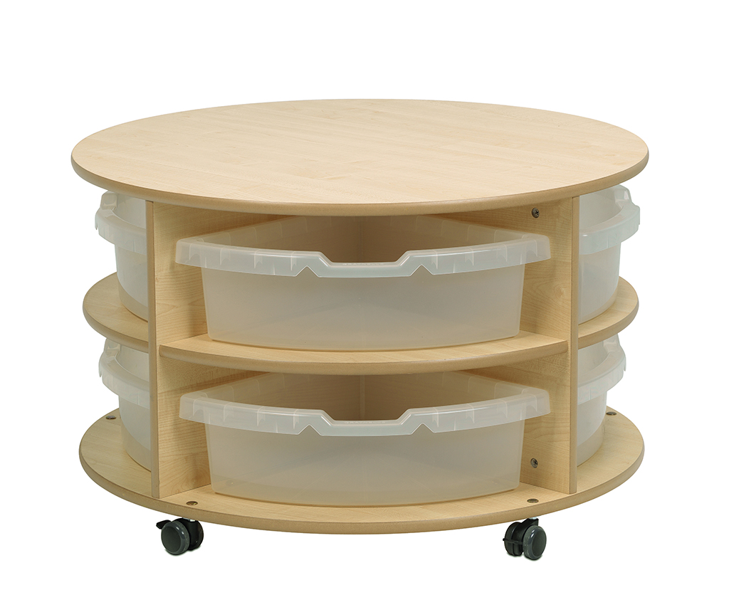 runder_tisch, mobiler_mover, holz, aufbewahrung, plastikbehälter, runder tisch, holz, rollwagen, aufbewahrung, behälter