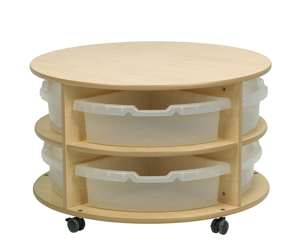runder_tisch, mobiler_mover, holz, aufbewahrung, plastikbehälter, runder tisch, holz, rollwagen, aufbewahrung, behälter
