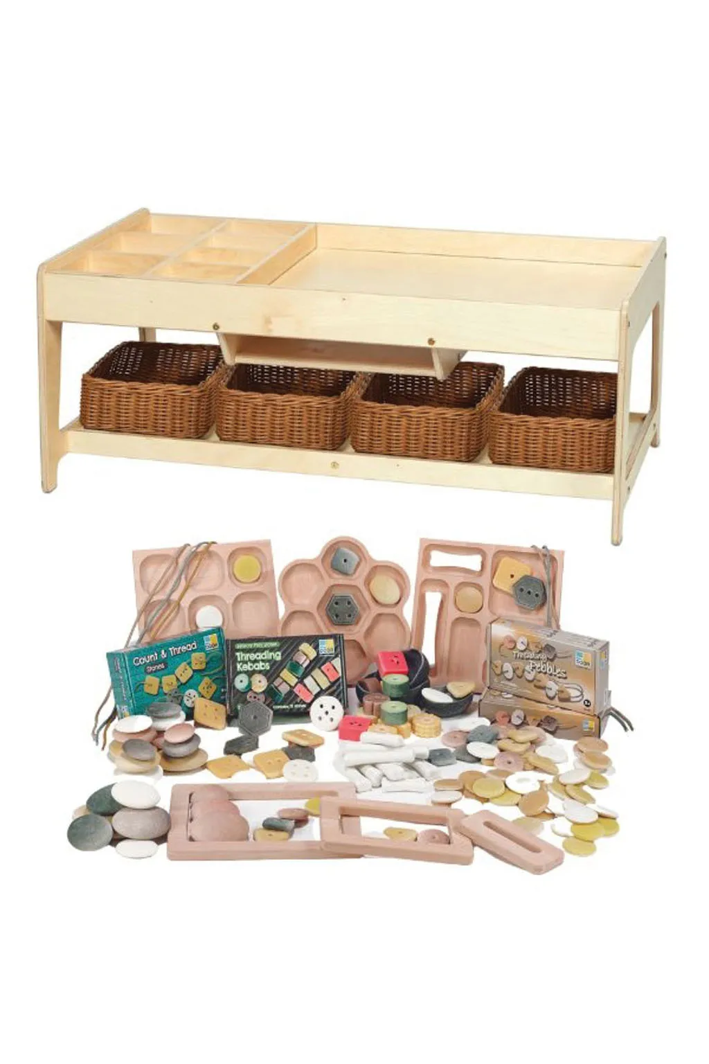 Holzwerkbank, Sortierregal, Warenkorb aus Holz?, Holzspielzeug, Küchen-/Kochset?, Holzwerkbank, Holzspielzeug, Aufbewahrungskorb, Sortierkasten, Spielsatz