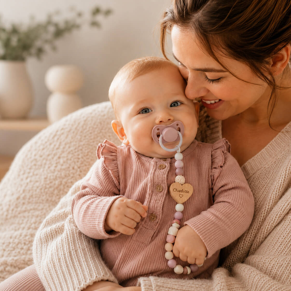 Baby, Schnuller, Perlenkette, Strampler, Mutter