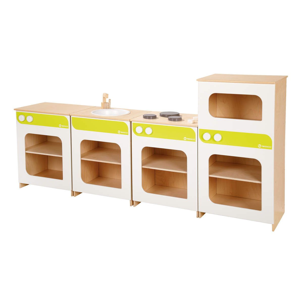 Kinderküche, Holzküche, Holzspielzeug, Küchenregal, GrünGelb Akzente